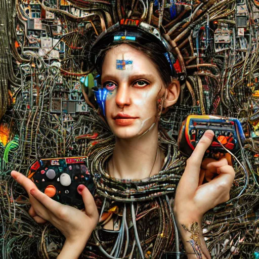 Image similar to piles of modular synth cables mixed with mangrove roots mixed with old video game consoles, puerto rican grafitti goddess chilling out wearing a headpiece made of circuit boards, by cameron gray, wlop, stanley kubrick, masamune, unique perspective, epic, trending on artstation, photorealistic, 3 d render, vivid