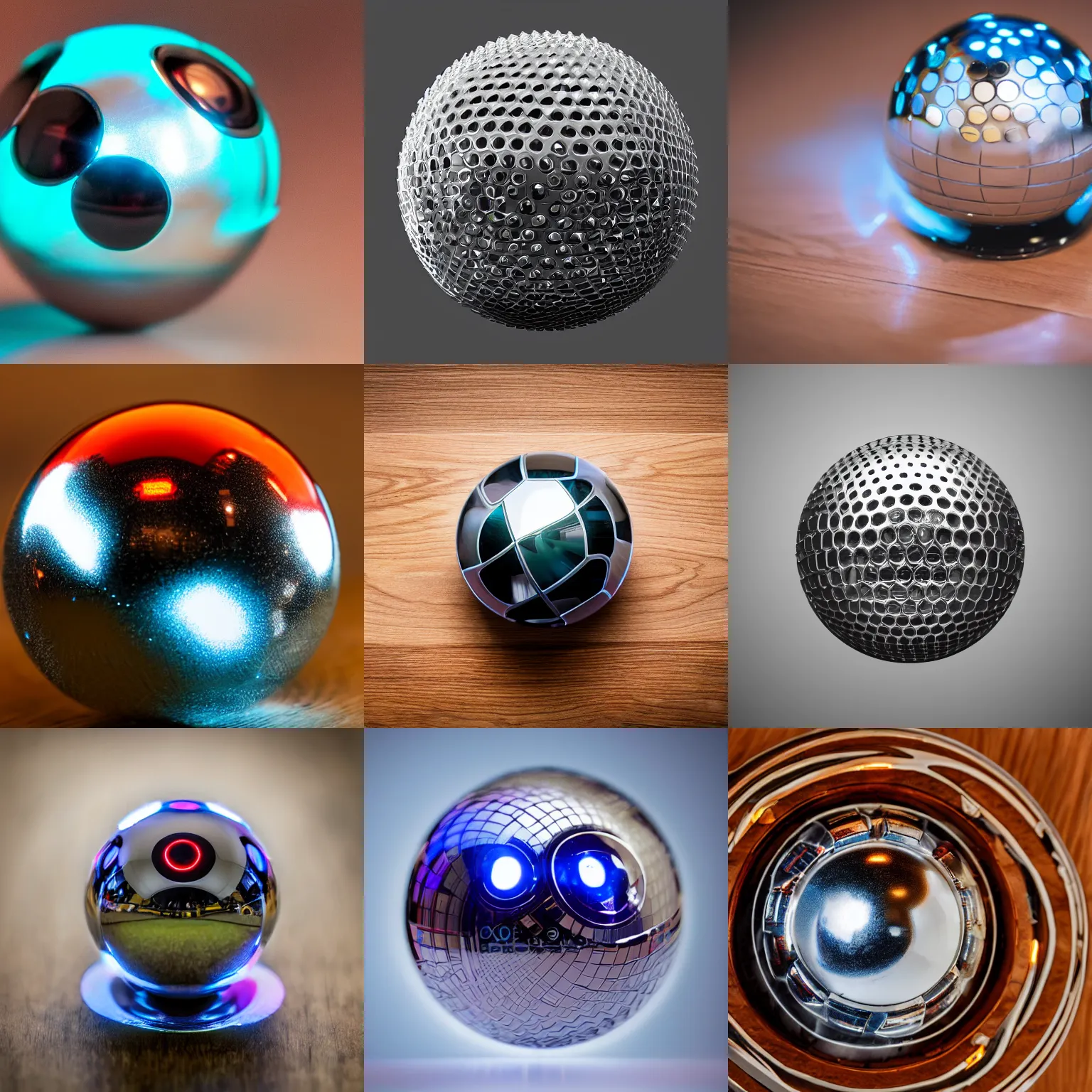 Prompt: a studio photograph of an intricate futuristic chrome pokeball with leds and platinum laying on wood grain, xf iq 4, 1 5 0 mp, 5 0 mm, f 1. 4, iso 2 0 0, 1 / 1 6 0 s, natural light, adobe lightroom, photolab, affinity photo, photodirector 3 6 5