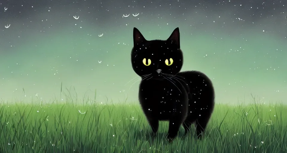 Image similar to black cat walking around in an open field at night with fireflies in the air and lots of stars in the sky, digital art, magical, trending on artstation