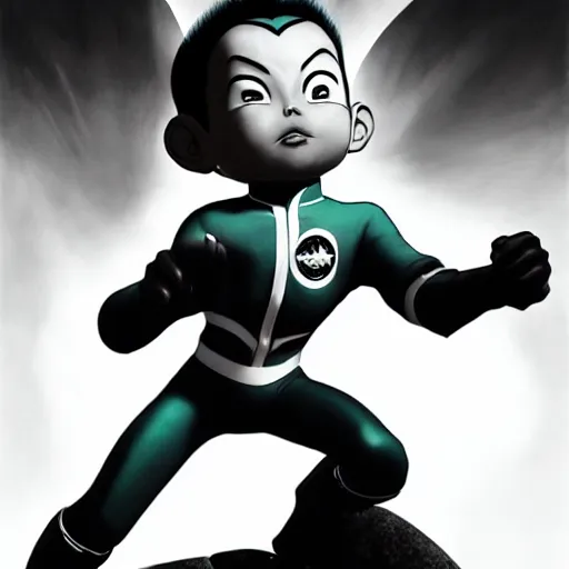 Image similar to wide angle portrait of Astroboy with western style face, monochrome color, heroic pose, mid-shot, shadowy area, dramatic lighting, award winning, concept art, digital painting, Unreal Engine 5, 8K, art by artgerm and greg rutkowski and alphonse mucha