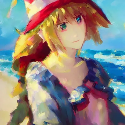 Prompt: Beautiful abstract impressionist painting of Kirisame Marisa from the Touhou project at the beach, touhou project official artwork, danbooru, oil painting by Antoine Blanchard, award winning art, oil on canvas , wide strokes, pastel colors, soft lighting