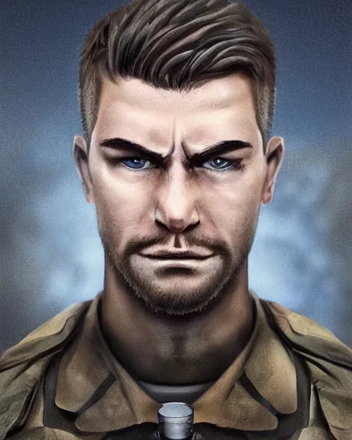 Image similar to portrait of muscular, tired and alcoholic 3 0 - year - old grieving man with short darkblonde hair, serious sad look in his eyes, looking down, dirty beard, blue eyes, crying tears, wearing dirty soldier uniform, on the desert, sad atmosphere, hyper realistic face, character art, art by artgerm, cryengine, trending on artstation, digital art