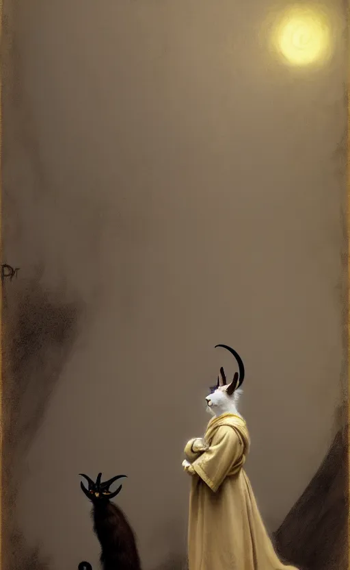 Image similar to a bipedal cat that has goat horns, anthropomorphic cat that is wearing robes, matte oil painting, by james abbott mcneill whistler, d & d, character reveal, fantasy, concept art, cosmic, magical, fog, noble, full body portrait, intricate, ornate, extremely detailed, cult, ritual, sharp focus, 4 k, 8 k