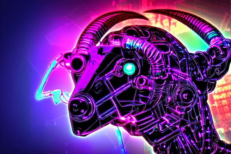 Image similar to complex cyberpunk machine background merged with evil cybernetic goat head in center focus, multicolored digital art