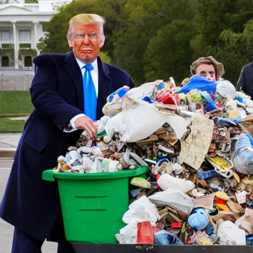 Prompt: donald trump shoving a literal ton of garbage into his stupid fat mouth