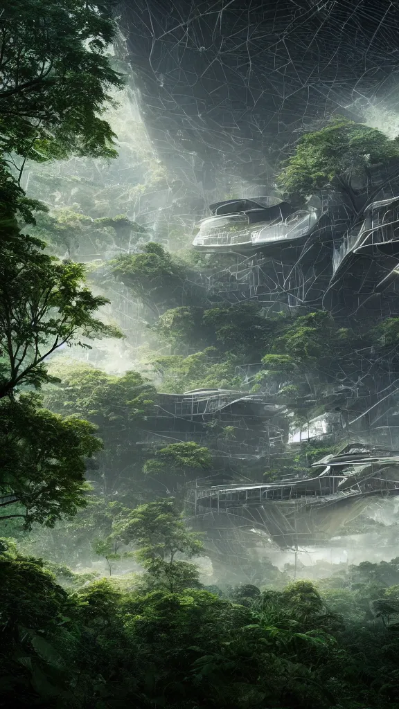 Image similar to extreme wide shot a futuristic containment building in a rainforest valley with a city in the distance, national geographic, hyper realistic, 4 k, warm light, the will to endure, artstation