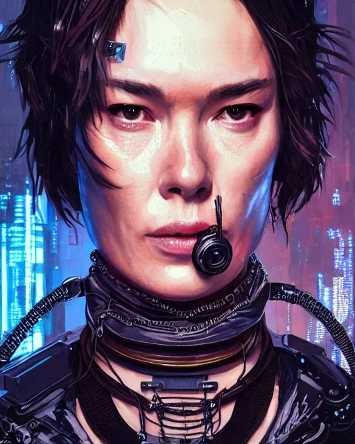 Prompt: lena headey assassin, wearing cyberpunk intricate streetwear, respirator, beautiful, detailed portrait, cell shaded, 4 k, vivid colours, concept art, by wlop, ilya kuvshinov, artgerm, krenz cushart, greg rutkowski, pixiv. cinematic dramatic atmosphere, sharp focus, volumetric lighting, cinematic lighting, studio quality