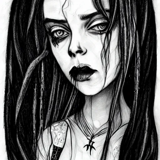 Prompt: grunge drawing of billie eilish , corpse bride style, horror themed, detailed, elegant, intricate