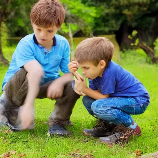 Image similar to two kids discovering an animal that does not exist