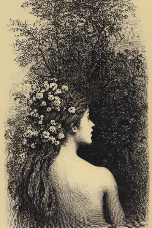 Prompt: extreme close-up portrait of a beautiful french woman from behind with flower in the head, forest background, Gustave Dore lithography