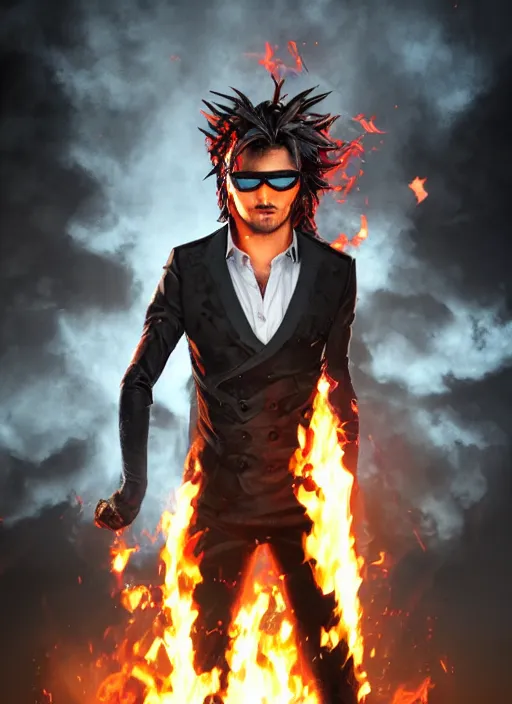 Image similar to An epic fantasy comic book style portrait painting of young man with red spiked long hair, using googles. Wearing a black waistcoat, white shirt. Fire on his hands. Unreal 5, DAZ, hyperrealistic, octane render, cosplay, RPG portrait, dynamic lighting