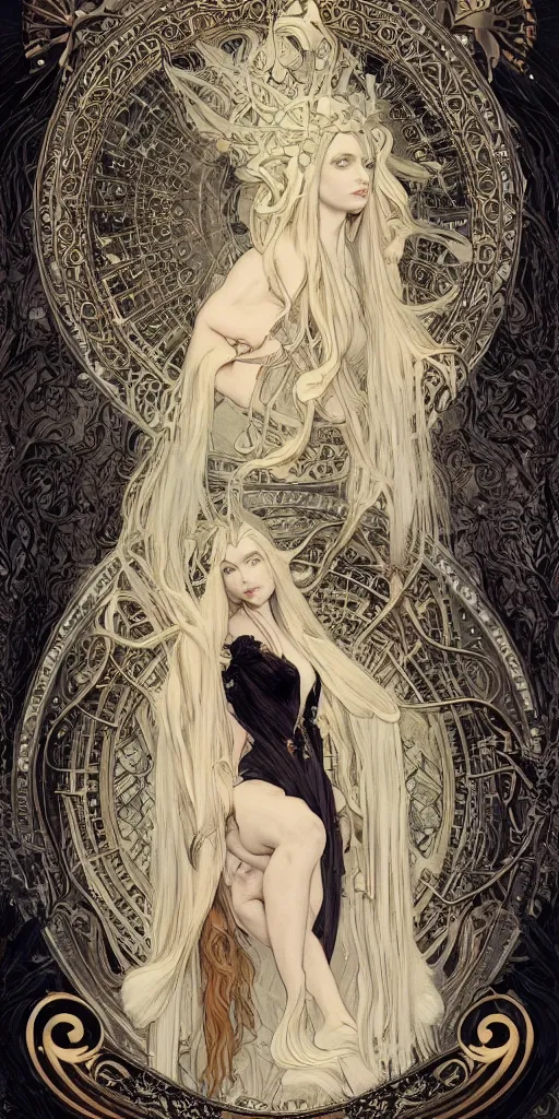 Image similar to 4k HD digital full body portrait of beautiful regal elven king, long white hair, black paper, wheel of sigils behind subject, fox god tarot card, Artstation, Alphonse Mucha, Craig Mullins, Marc Simonetti, art nouveau aesthetic, ornate and intricate details, decorative nouveau image border