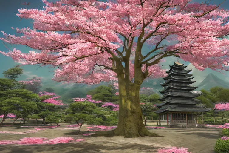 Image similar to concept art, japanese blossom trees scene, pagoda, cinematic