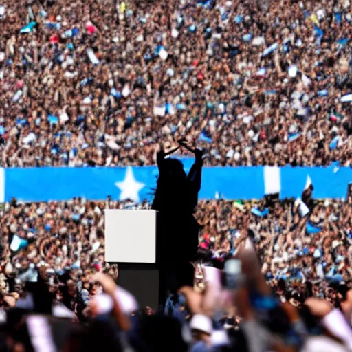 Image similar to Lady Gaga as president, Argentina presidential rally, Argentine flags behind, bokeh, giving a speech, detailed face, Argentina