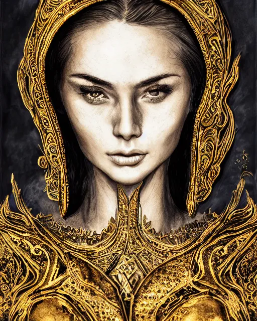 Image similar to ink painting portrait of woman in shining golden armor, high production value, intricate details, high resolution, hdr, high definition, masterpiece, realistic, ultrarealistic, highly detailed, hd, sharp focus, non blurry, sharp, smooth