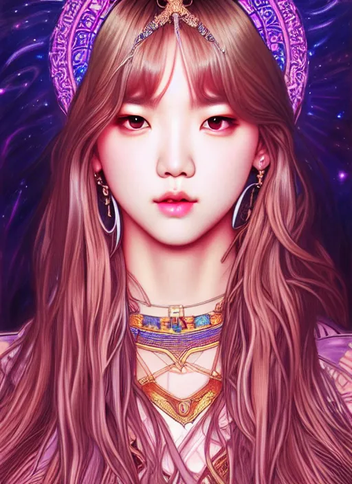 Image similar to lalisa manoban of blackpink, goddess of the moon, tarot card, highly detailed, digital painting, smooth, sharp focus, illustration, ultra realistic, 8 k, art by artgerm and alphonse mucha