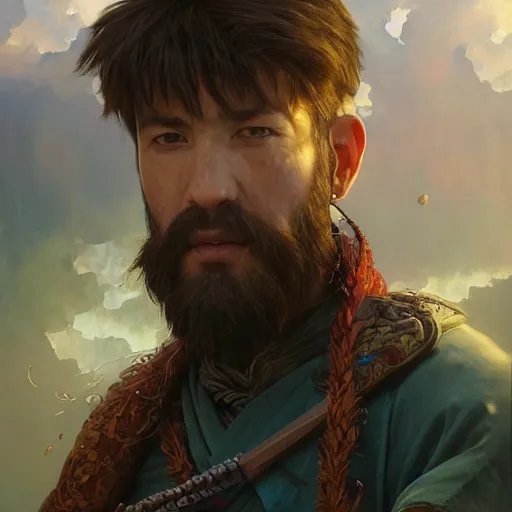 Image similar to Hyper realistic detailed portrait of Kurdish samurai, Stephen Bliss, unreal engine, fantasy art by Greg Rutkowski, Loish, Rhads, ferdinand knab, Makoto Shinkai and Lois van baarle, ilya kuvshinov, rossdraws, Tom Bagshaw, alphonse mucha, global illumination, radiant light, detailed and intricate environment, highly detailed, award winning art