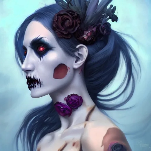 Image similar to female undead necromancer portrait painting, medium shot, asymmetrical, profile picture, organic painting, sunny day, matte painting, bold shapes, hard edges, street art, trending on artstation, by huang guangjian, m and gil elvgren and sachin teng