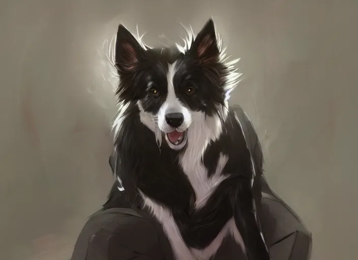 Image similar to wide angle beautiful full body portrait of a strong male anthropomorphic anthro border collie fursona in a suit sitting in a parlor room, character design by charlie bowater, henry asencio, and ross tran, disney, scenic background, detailed, aesthetic, trending on artstation, furaffinity, deviantart