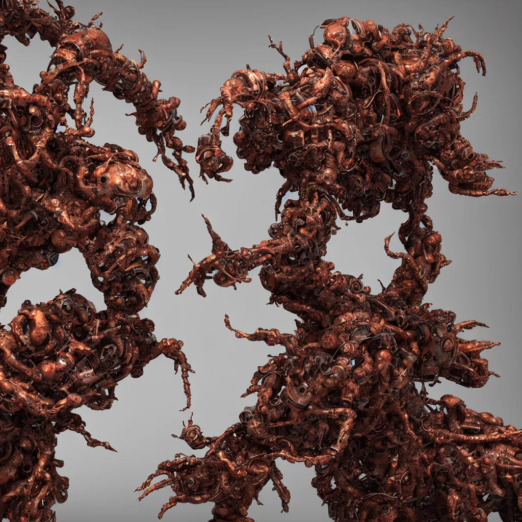 Image similar to 3 d render of a rusty biopunk sculpture, waves and steps, organic chrometype, liquid metal, neotribal thorns, raytraced, volumetric lightning, 8 k, by zhelong xu and innate studio