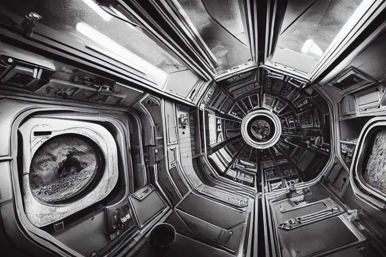 Image similar to small spaced quarters inside rocket ship with gray metallic factory engine walls and small window looking into space, details, sharp focus, intricate, high definition, movie set, retro style, 1970s, 1980s, sci-fi, digital Art, 3D, realistic photograph, lucasfilm, space odyessy