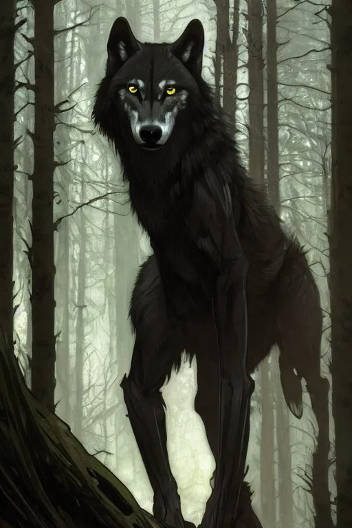 Image similar to full figure beautiful young fit antrophomorphic male wolf, bared teeth and long claws, dark scene, by greg rutkowski and alphonse mucha, d & d character, gradient black to silver, in a forest at night, highly detailed portrait, digital painting, artstation, concept art, smooth, sharp focus illustration, artstation hq