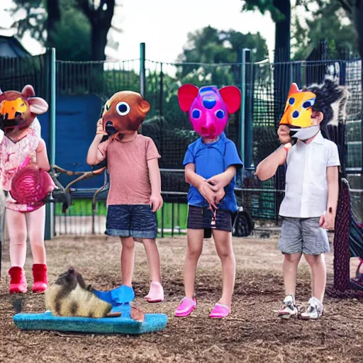 Prompt: photo realistic children on a playground wearing different animal masks,