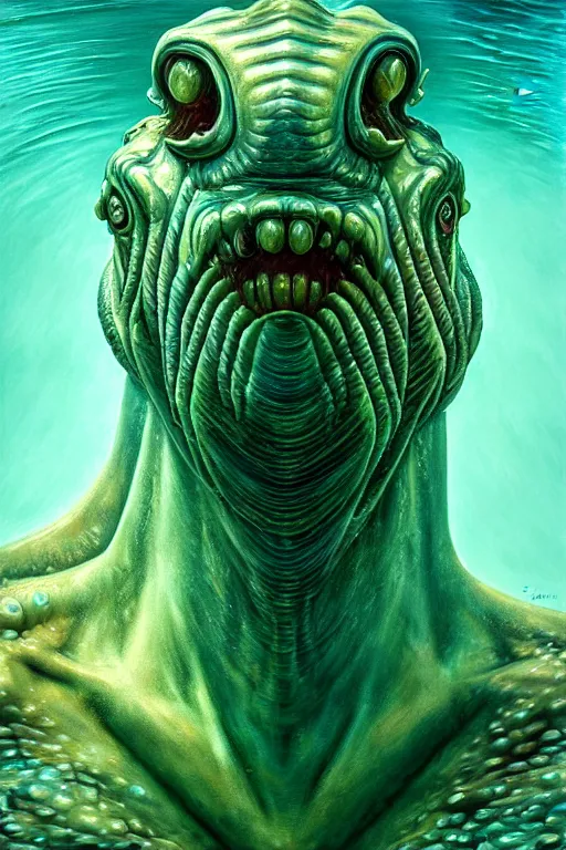 Image similar to hyperrealistic close-up surrealism underwater creature monster!! highly detailed concept art eric zener elson peter cinematic hard green lighting high angle hd 8k sharp shallow depth of field, inspired by David Paul Cronenberg and Zdzisław Beksiński