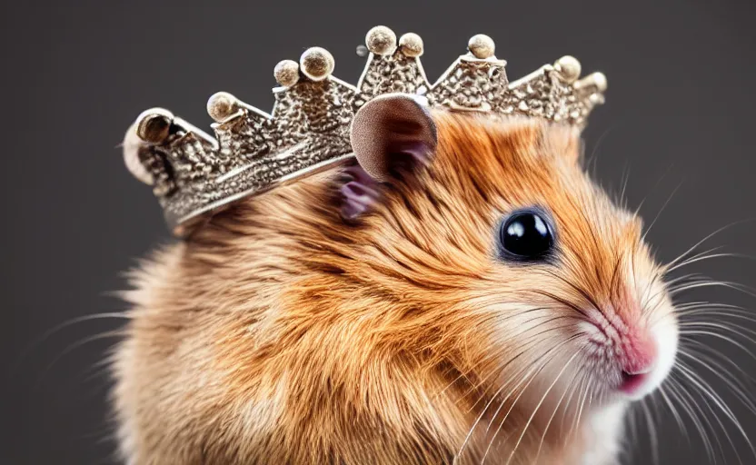 Prompt: studio photography of a king hamster with a crown and a coat, detailed face, cinematic lighting,, 8 k