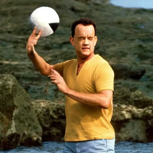 Prompt: Tom Hanks holding a volley ball on an island