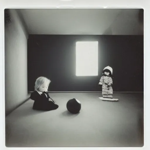 Image similar to a toddler girl sitting in a living room designed by yohji yamamoto, polaroid
