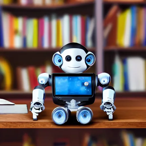 Prompt: small robotic monkey on bookshelf, product photo, detailed, 4k