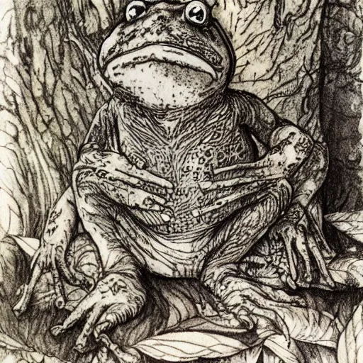 Prompt: toad philosopher toad in a pose The Thinker, swamp, illustrations by irish fairy tales james stephens arthur rackham, fairy tale illustrations, green ratio