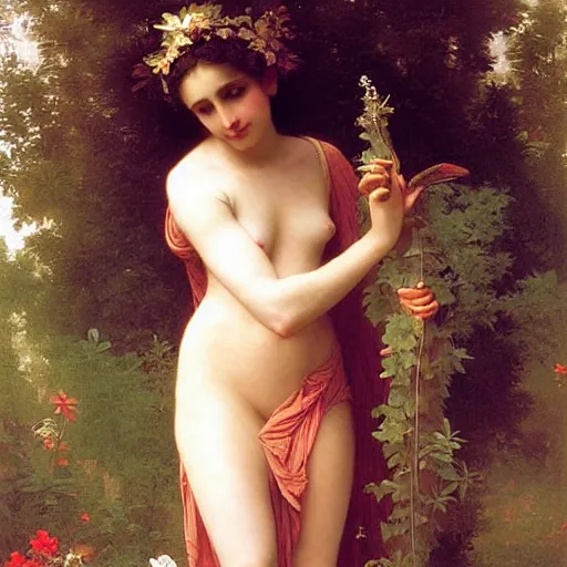 Image similar to earth goddess in beautiful dress with strong plant motive, william - adolphe bouguereau