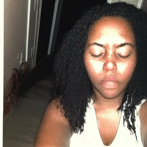Image similar to young woman took a selfie in her bedroom, but the flash photo was super bright so she had to close her eyes