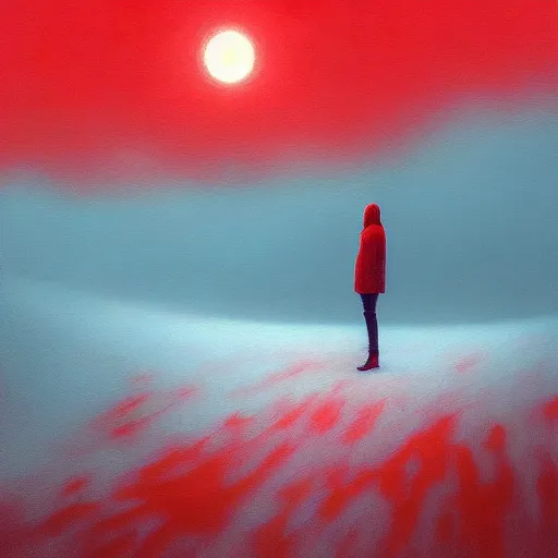 Image similar to a painting of a person standing in the snow, blizzard, a surrealist painting by zdzisław beksinski and by alena aenami, deviantart, nuclear art, dystopian art, apocalypse landscape, red color scheme, surrealist