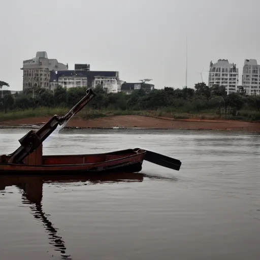 Prompt: reaper boat with banker, submerged buildings