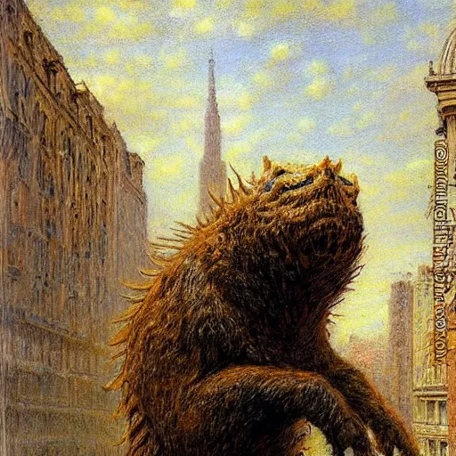 Image similar to monumental hyperrealism, post - impressionism by gaston bussiere. a beautiful drawing of a large, orange monster looming over a cityscape. the monster has several eyes & mouths, & its body is covered in spikes. it seems to be coming towards the viewer, who is looking up at it in fear.