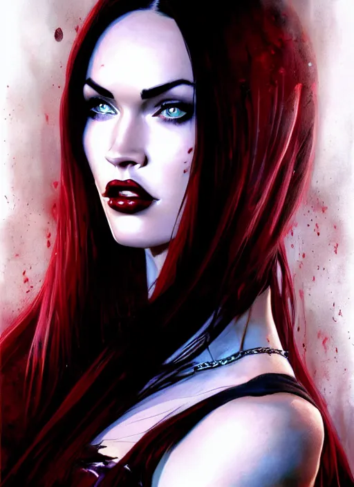 Image similar to portrait of megan fox as a evil vampire queen baring her fangs, bloody tears, jewelry, greek, dark, fangs, intricate, headshot, fangs, key visual, conceptart, ambient lighting, highly detailed, digital painting, artstation, concept art, sharp focus, by makoto shinkai and akihiko yoshida and greg manchess