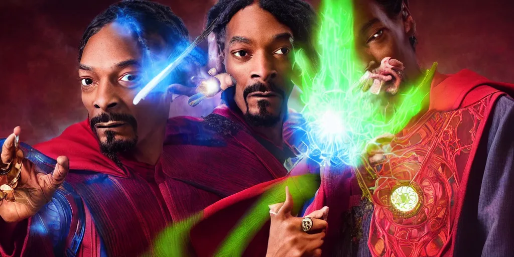 Image similar to snoop dogg as the doctor strange, marijuana leaves, green light, highly detailed, marvel cinematic universe, mcu, photo