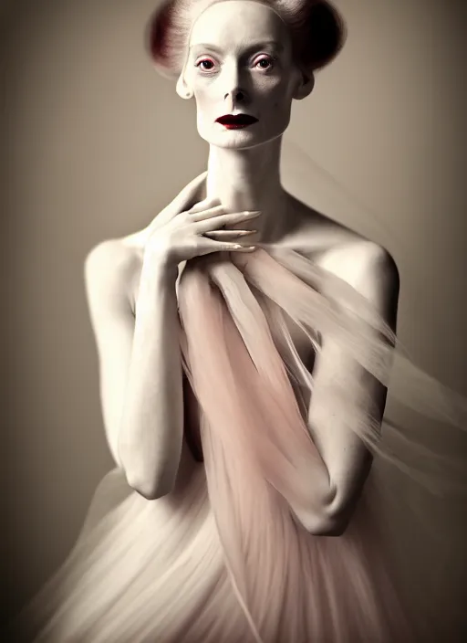 Image similar to portrait photography of a beautiful woman, in style of Cecil Beaton, Tylda Swinton style 3/4 , natural color skin like porcellain pointed in rose, long hair with ornamental hairstyle, full body dressed with a ethereal transparent voile dress, elegrant, 8K post production, soft focus, melanchonic rose soft light, volumetric lighting, highly detailed Realistic, Refined, Highly Detailed, natural point rose', indoor soft lighting, soft delicate lighting colors scheme, soft blur lighting, fine art fashion photography,hyper realistic, ultra detailed