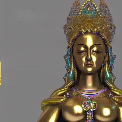 Prompt: a madonna statue made of iridiscent metal inspired by the looks of vishnu, very detailed, unreal engine 5, made for an art gallery