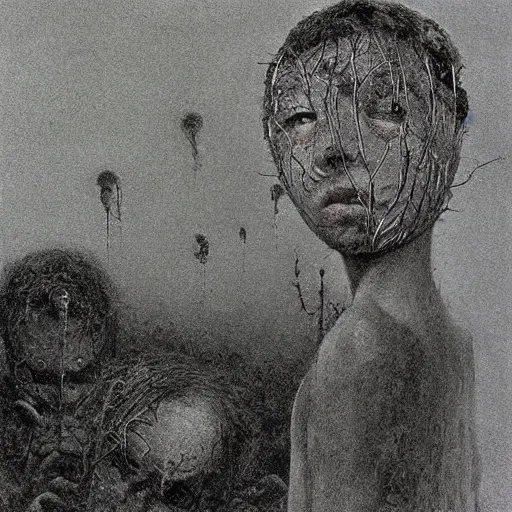 Image similar to found footage of floating mask in abandoned house. grainy. children illustration. art by zdizslaw beksinski - gustav dore - andy riley