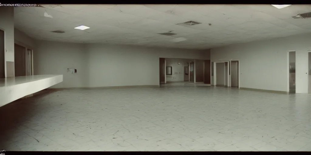 Image similar to a weird place full of people but now empty with eerie feeling, disposable colored camera, camera flash, house, mall, hallway, playground, office, pool, interior, room, full of things