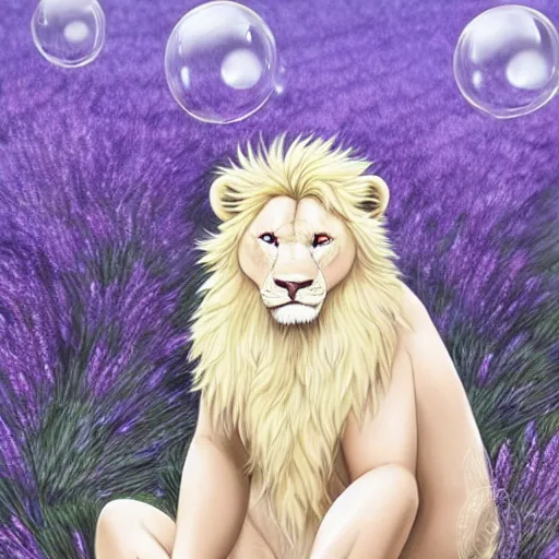 Image similar to aesthetic portrait commission of a albino male furry anthro lion under a lavender tree surrounded by by soap bubbles while wearing a masculine cozy soft pastel winter outfit, softest winter atmosphere. character design by artgerm, and makoto shinkai, detailed, inked, western comic book art, 2 0 2 0 award winning painting