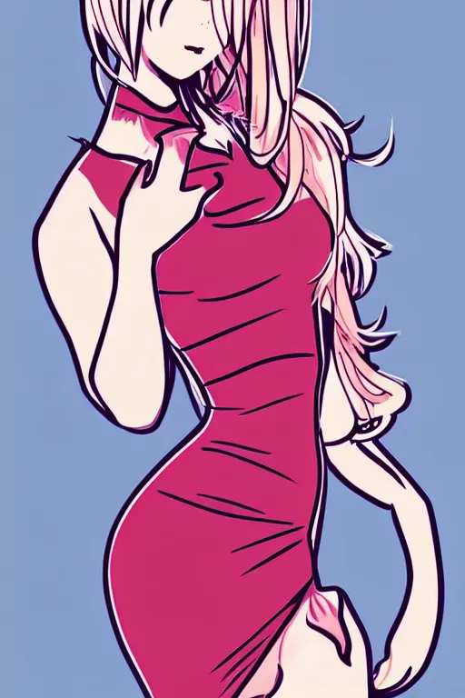 Prompt: full length illustration of very beautifully female looking like cute anime with amazing body figure, wearing tight dress, highly detailed face, pop art,