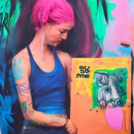 Image similar to “tall queer woman with long pink hair and a tall emo girl feeding Australian $50 notes to a weedy pig, capitalism, acrylic and spray paint and oilstick on canvas, neoexpressionism”