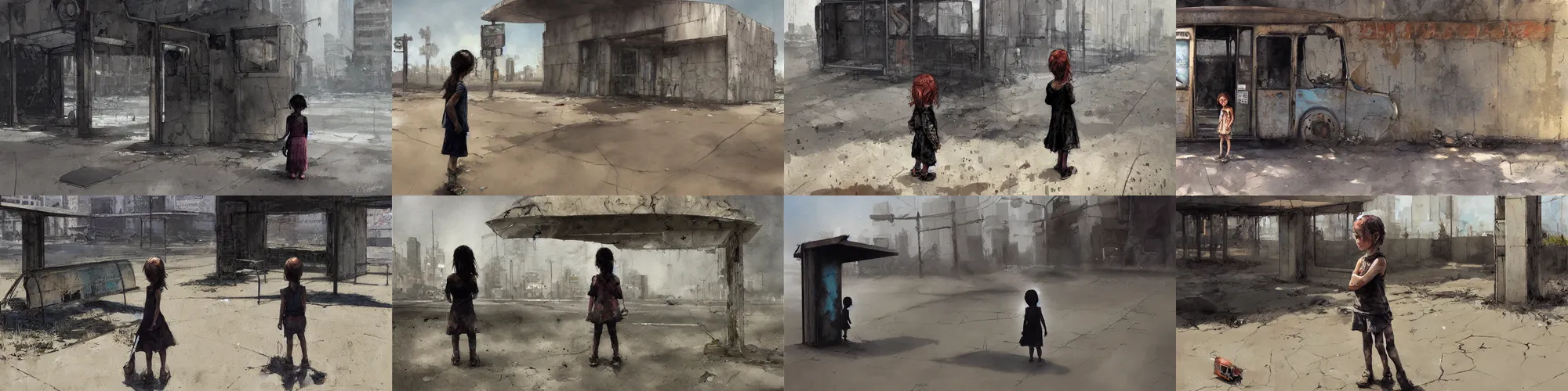 Prompt: a little girl standing in a post - apocalyptic city by craig davison, abandoned bus stop, scorching weather