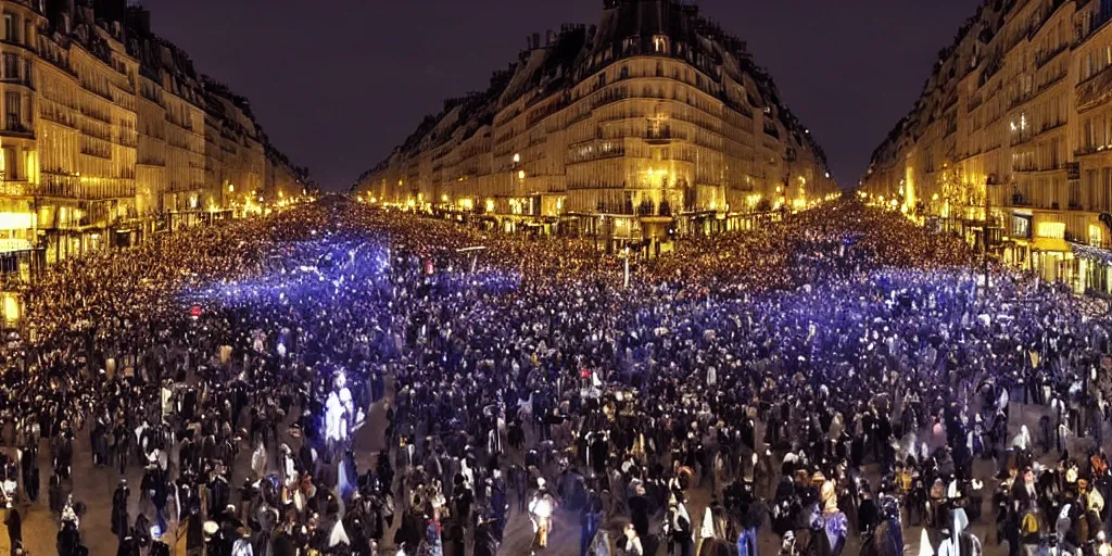 Prompt: million of people rioting on the streets of paris, champs - elysees, at night, wide angle