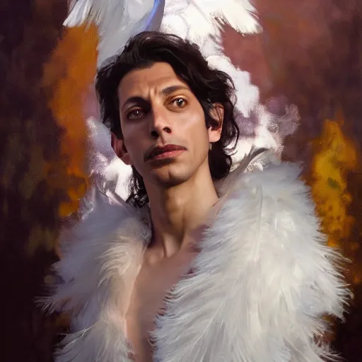 Image similar to hyperrealistic portrait of a man as jeff goldblum touching neck noir white swan dress wearing sapphire jewellery with long feather collar by jeremy mann and alphonse mucha, fantasy art, photo realistic, dynamic lighting, artstation, poster, volumetric lighting, very detailed faces, 4 k, award winning